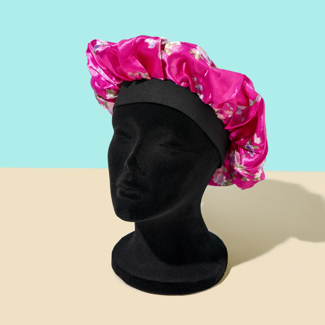 Pink Detangler brush + Black pink flowers Satin Hair Bonnet